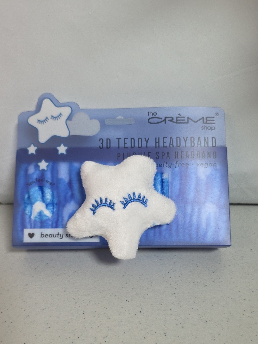 The Crème Shop 3D Teddy Plush Spa Headband - White‎ with Blue